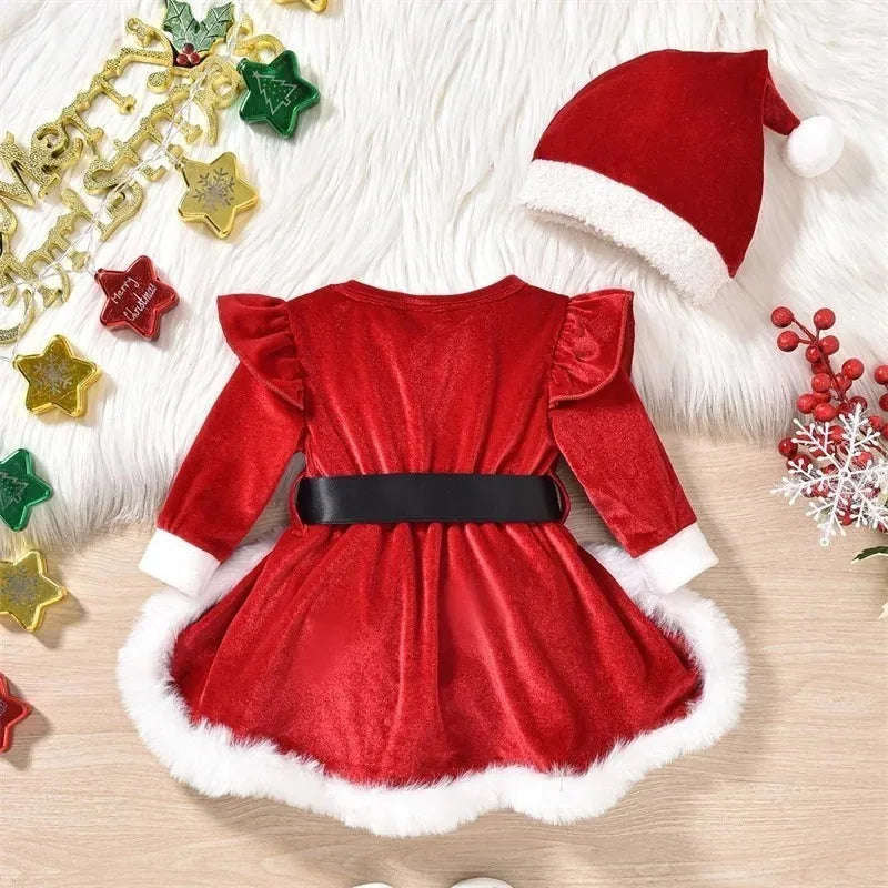 Baby Christmas Velvet Romper Dress Set with Hat | Long Sleeve | 0–3M | Braviixx