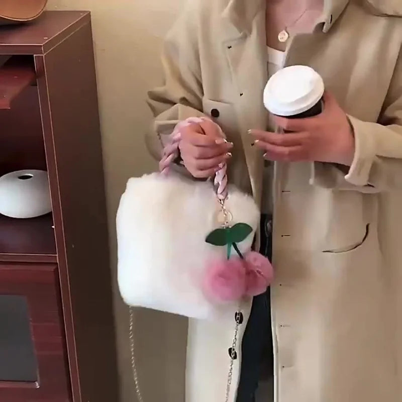Fluffy Mini Crossbody Bag | Cherry Pom-Pom & Braided Handle | Braviixx