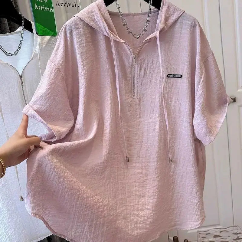 Oversized T Shirts Women Summer Hooded Short Sleeve T-shirt French Thin Tops Fashion Loose Design Niche Hoodie Tshirt Woman 2026