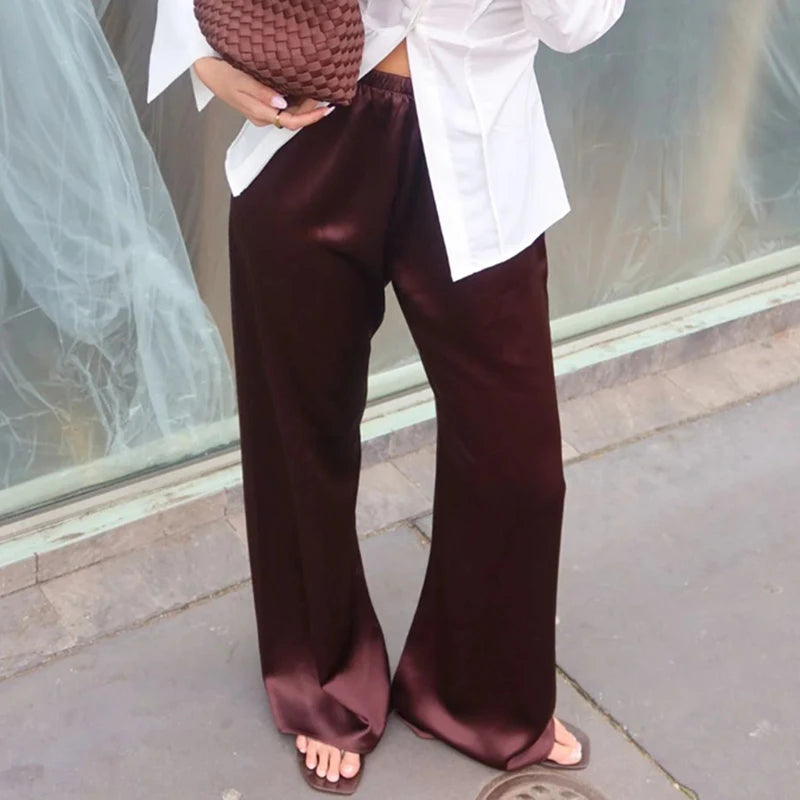 Satin Silk Wide Leg Pants for Women High Waist Baggy Pants Y2K Elegant Lady Party Long Trousers Female Buttoms