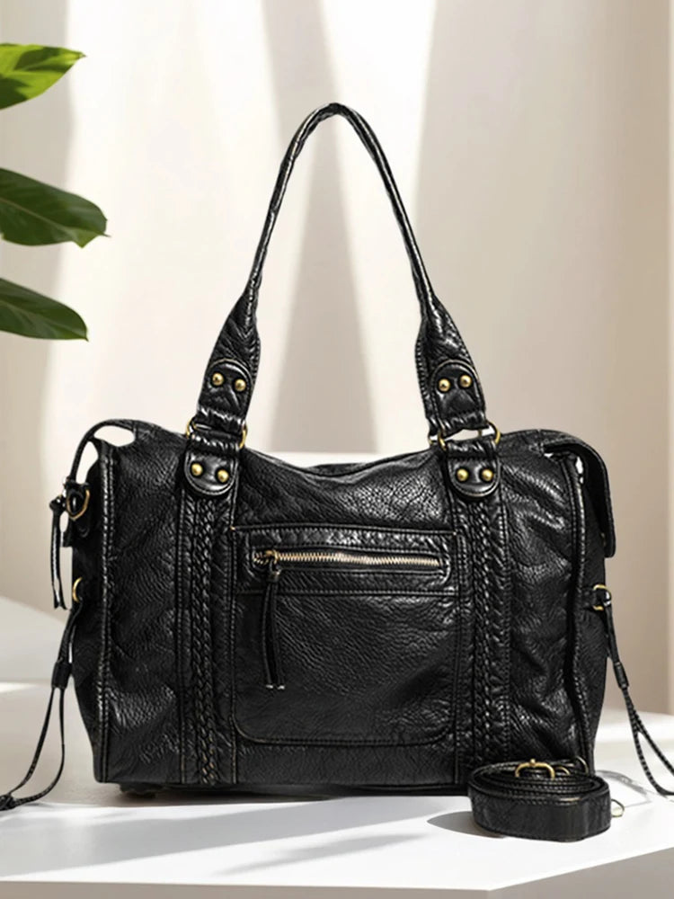 Leather Retro Shoulder Bag for Women with Pockets Utility Handbags Top Handle Bag Shopper Bag for Work Travel