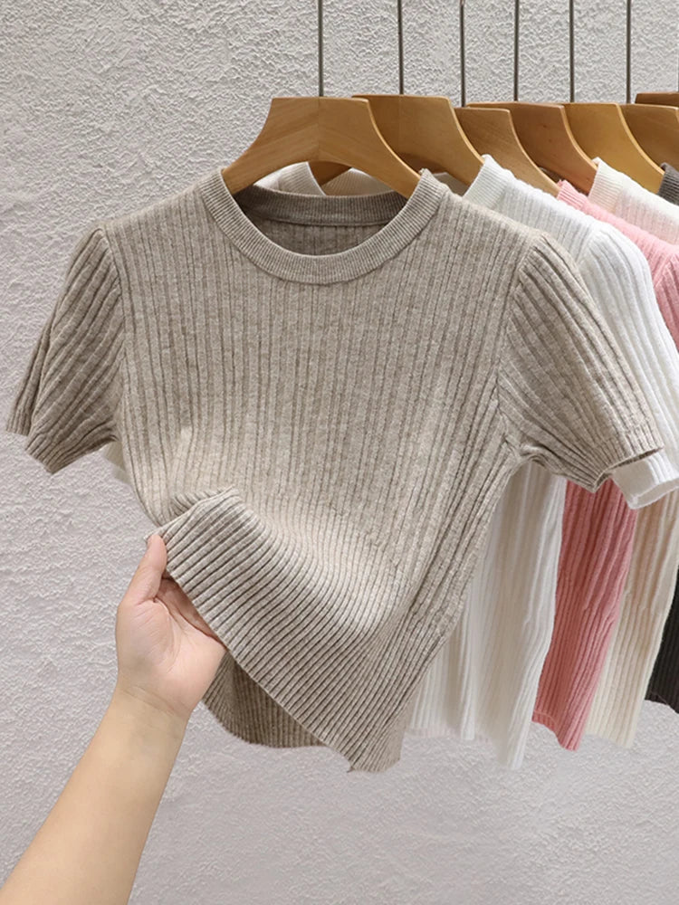 2026 Summer T shirts for Women Casual Female Korean Knit Streetwear Tees Basic Solid Young Cool Tops