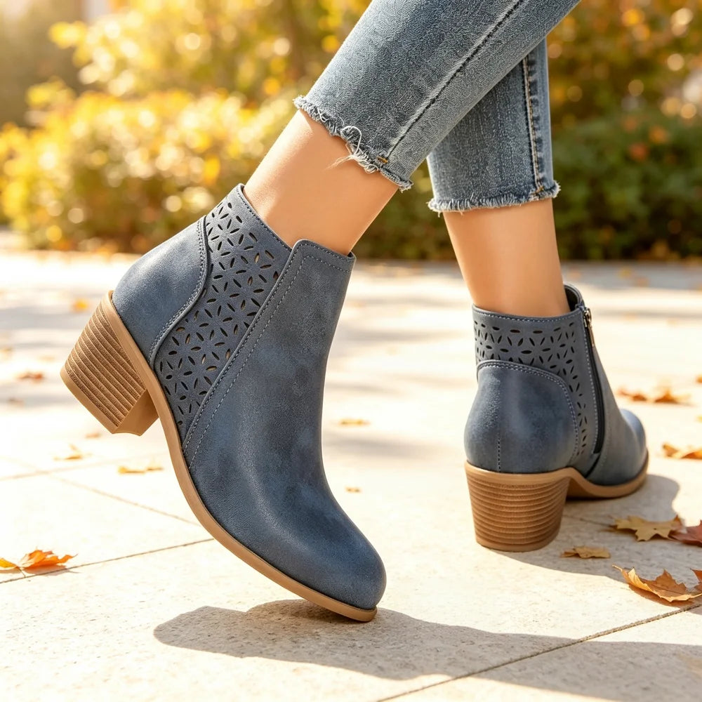 Cut-Out Ankle Boots | Side Zip & Block Heel | Braviixx