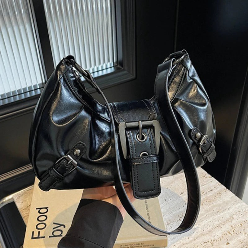 Pleated Hobo Shoulder Bag | Glossy Finish & Buckle Details | Braviixx