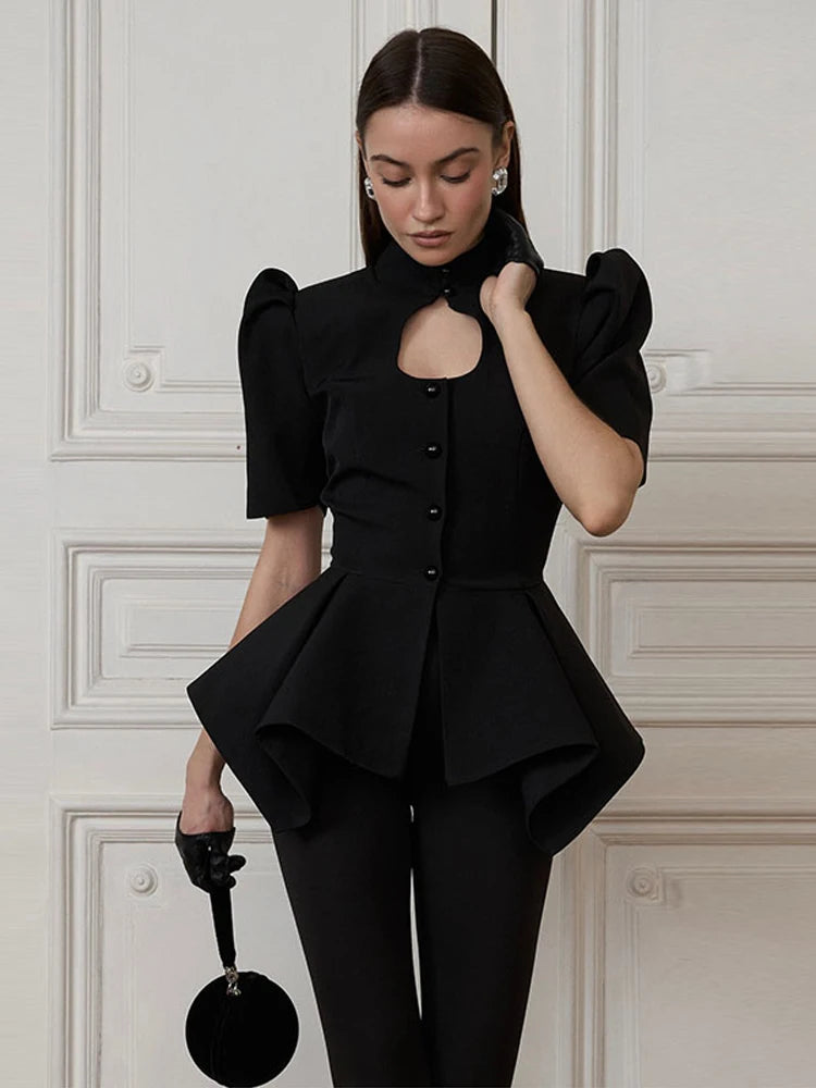 2026 Spring Chic Women Peplum Blazer Elegant High Neck Cutout Puff Sleeves Asymmetric Ruffled Hem Coat Lady Fashion Streetwear