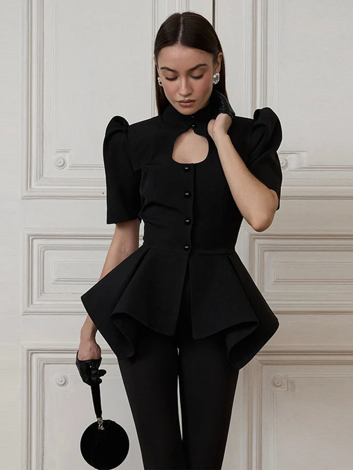 2026 Spring Chic Women Peplum Blazer Elegant High Neck Cutout Puff Sleeves Asymmetric Ruffled Hem Coat Lady Fashion Streetwear