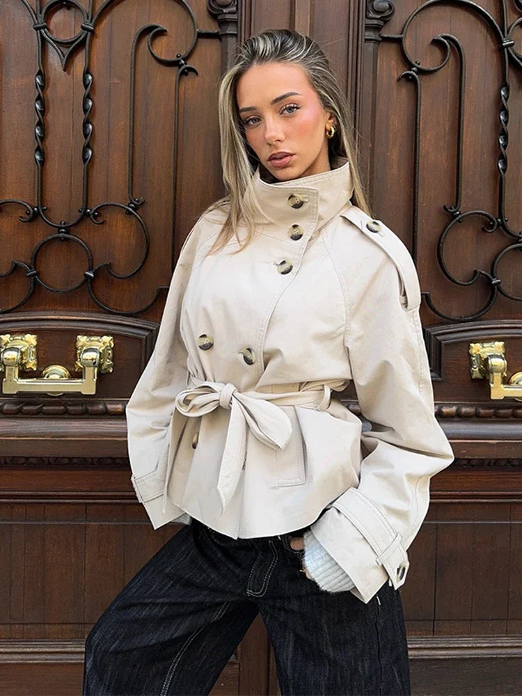 Women's Coats Jacket Double Breasted Belted Cropped Trench Coat Stand Collar Long Sleeve Casual New Arrival Outerwear For Ladies
