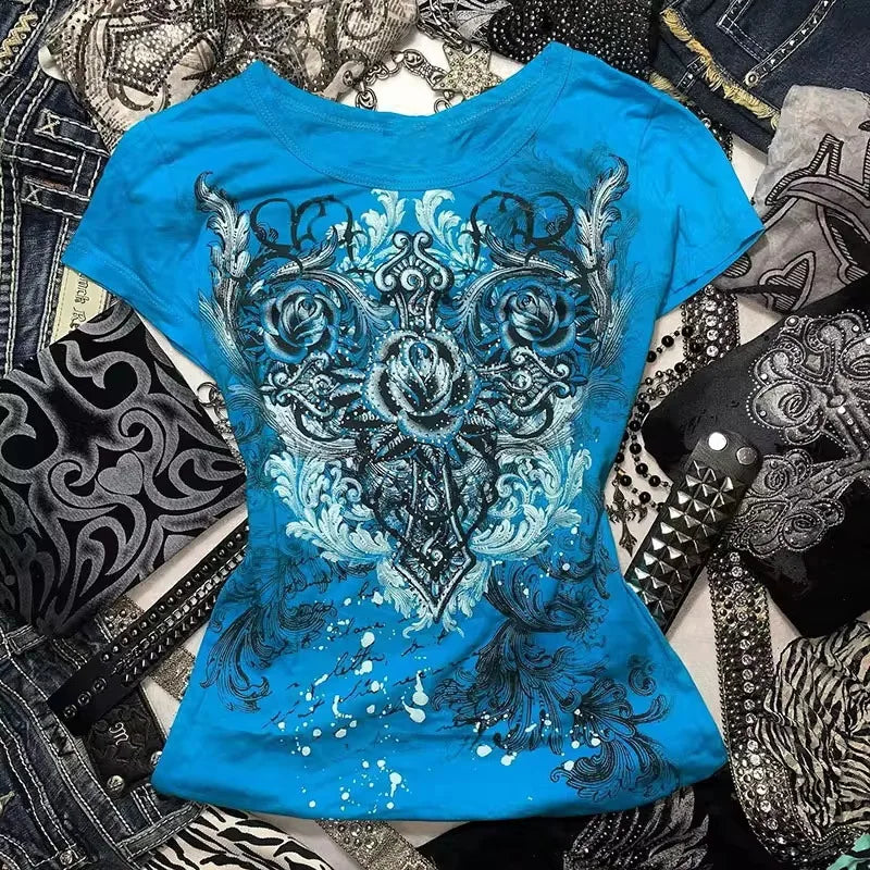 Women Y2K Hot Pink Graphic Tee with Heart Wings & Rose Print, V-Neck Fitted Short Sleeve T-Shirt 2026
