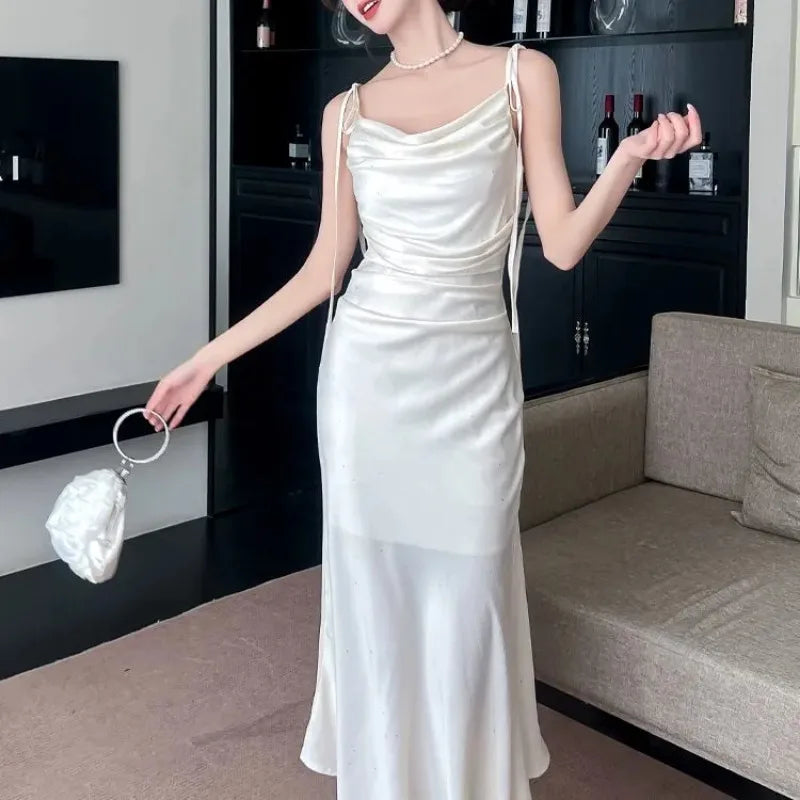 Women French Satin Slip Dress Draped Neck Glitter Slim Mermaid Maxi Dress Summer Party Evening