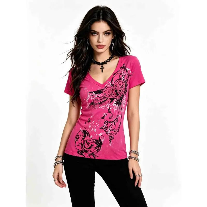 Women Y2K Hot Pink Graphic Tee with Heart Wings & Rose Print, V-Neck Fitted Short Sleeve T-Shirt 2026