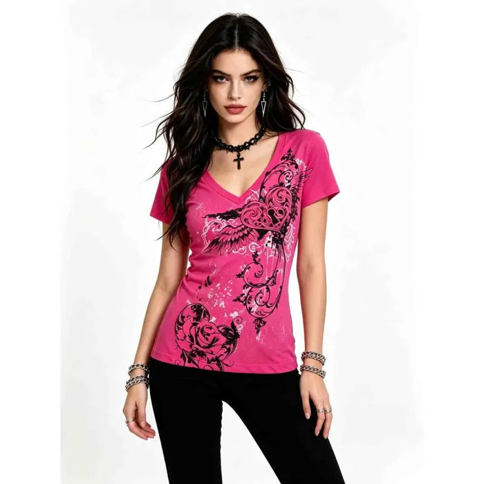 Women Y2K Hot Pink Graphic Tee with Heart Wings & Rose Print, V-Neck Fitted Short Sleeve T-Shirt 2026