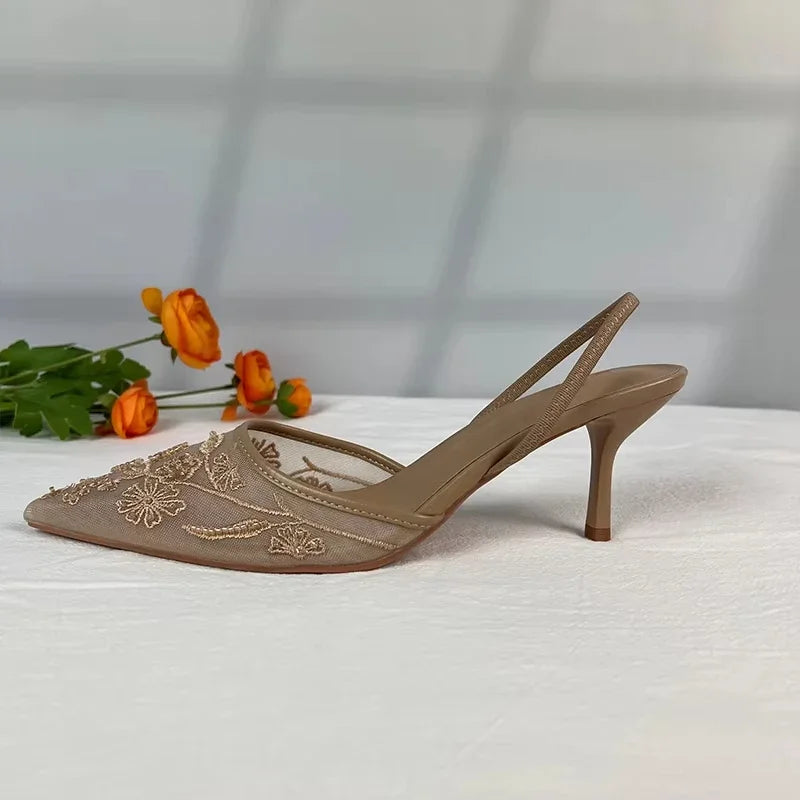 2025 New Women Sandals Brand Designer Ladies Flower Mesh Open Heel Sandals Shoes Sexy High Heel Pointed Toe Stiletto Pumps Mules