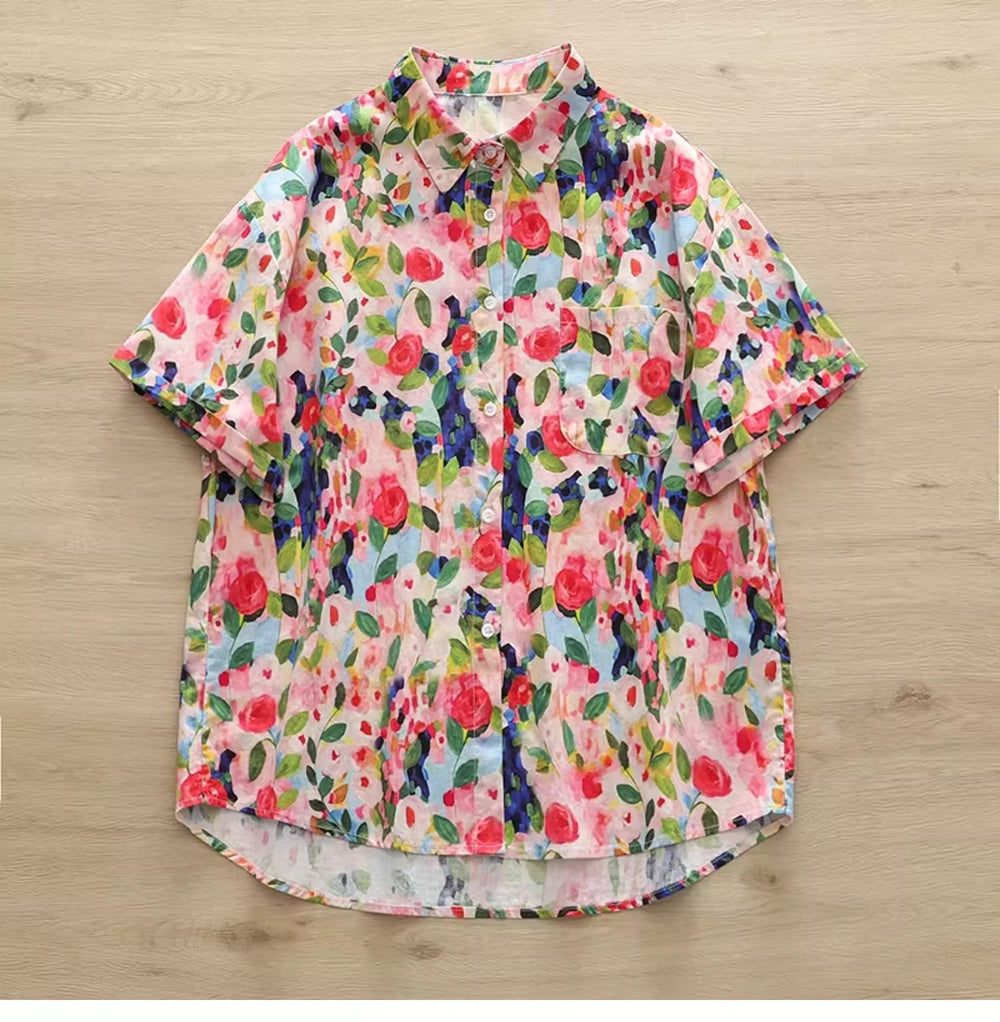 2026 Women's summer blouse 100% cotton rose oil painting printed shirts short sleeve blouses for women tops ladies clothes