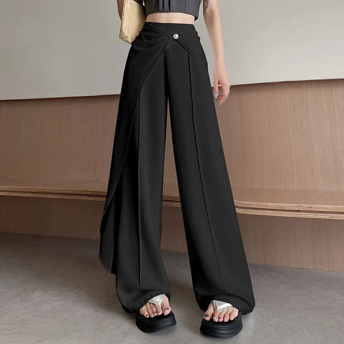 Women's Satin Wide-Leg Pants High-Waisted with Twist Detail Rhinestone Buckle