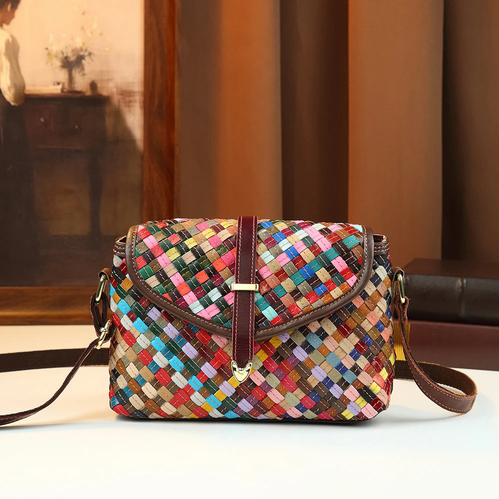 Women's Bohemian Rainbow Woven Genuine Leather Crossbody Bag | Ethnic Patchwork · Pillow Shape · Multicolour | Braviixx