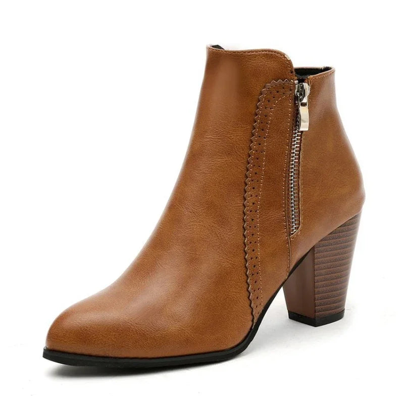 Zip-Up Ankle Boots | PU Block Heel | Braviixx