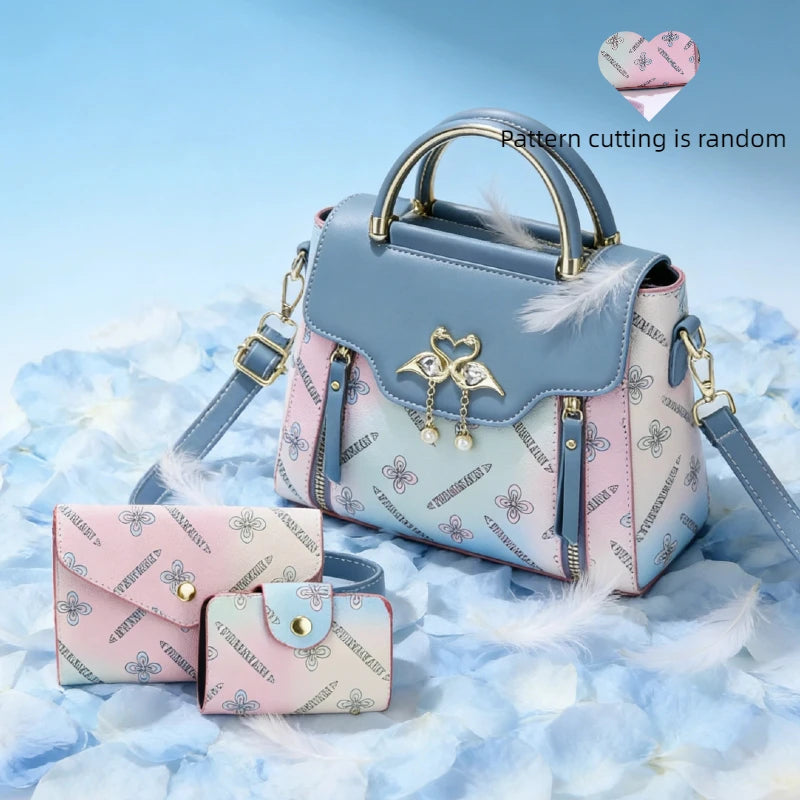 Women's Swan Charm Gradient PU Handbag 3-Piece Set | Shoulder · Crossbody · Wallet | 5 Colours | Braviixx