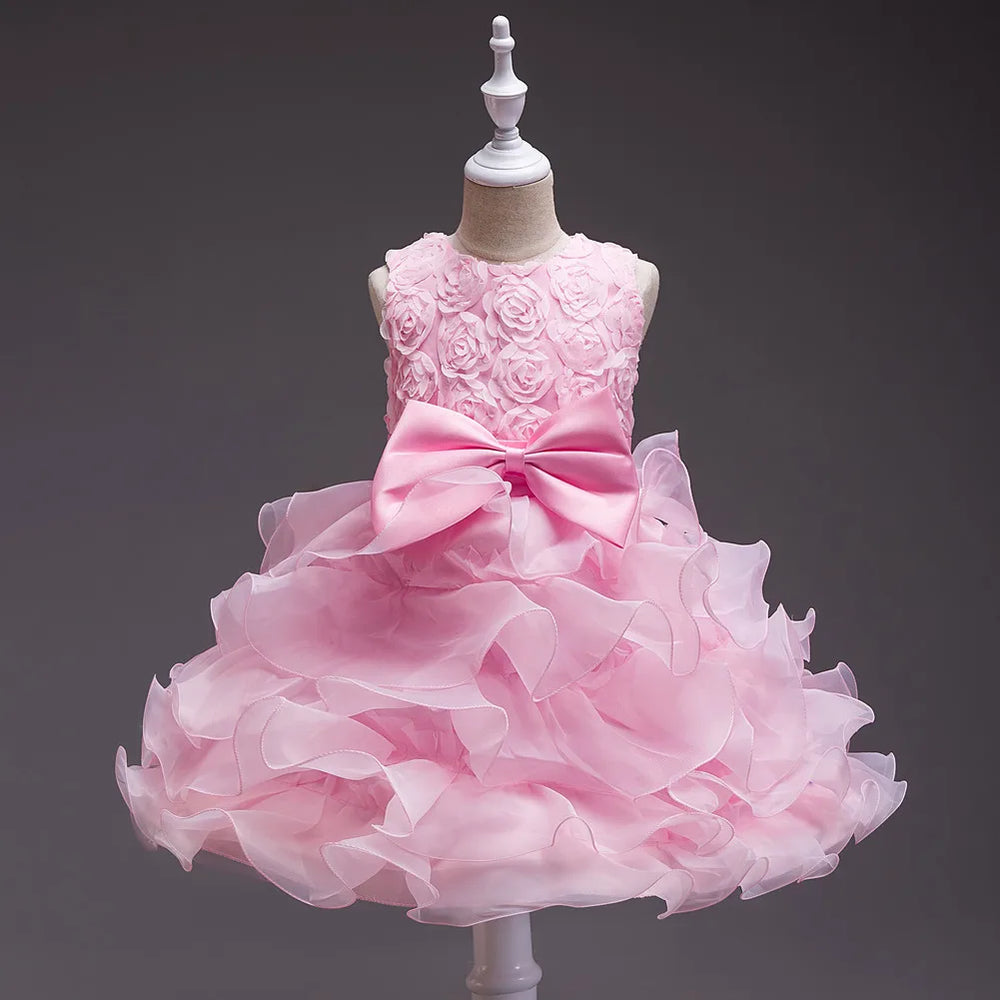 Girls Satin Rose Flower-Girl Dress | Layered Wedding Party Dress | 3–4Y to 9–10Y | Braviixx