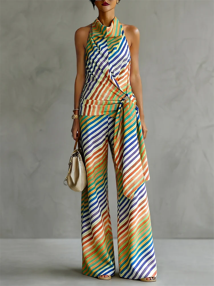 Yeezzi Women's Multicolor Diagonal Striped Palazzo Pants 2026 New Fashion Loose Casual High Waist Wide Leg Trousers Bottoms