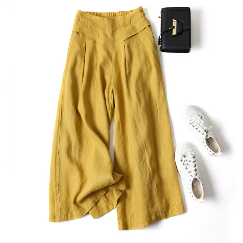 2026 Summer Women's Culottes Cotton Linen Cropped Wide Leg Pants Elastic Waist Casual Palazzo Clean Fit Trousers with Pockets