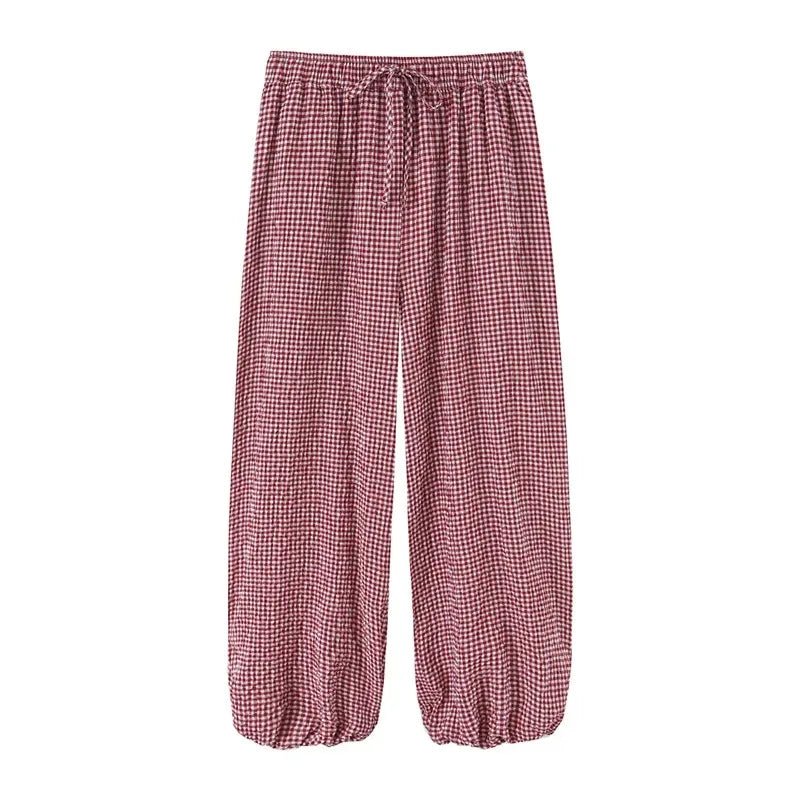 Women's Long Pants 2026 Summer New Style Red Plaid Drawstring Lantern Pants Long Pants Beach Vacation Casual Fashion