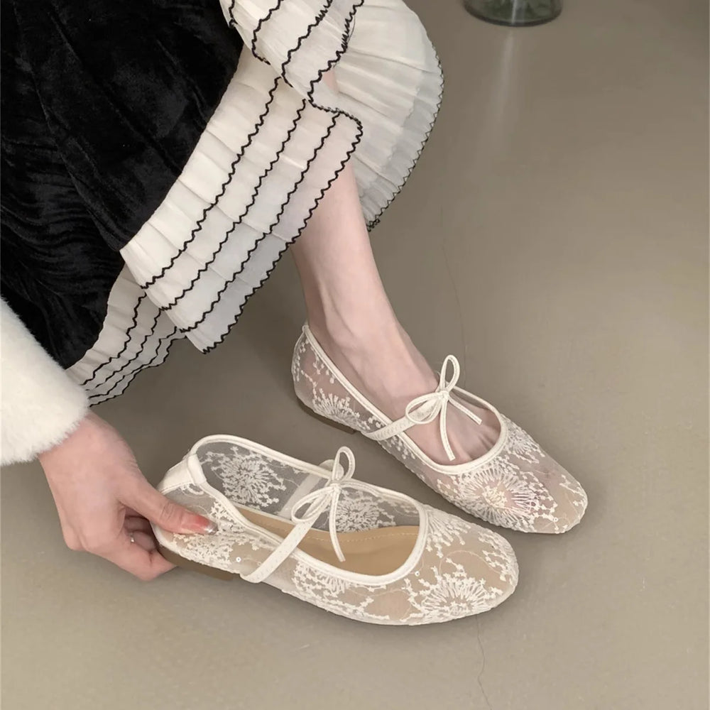 2026 Women Spring Summer Ballet Flat Shoes Breathable Mesh Embroidery Fashion Flats Lovely Bow Knot Female Daily Walking Sandals