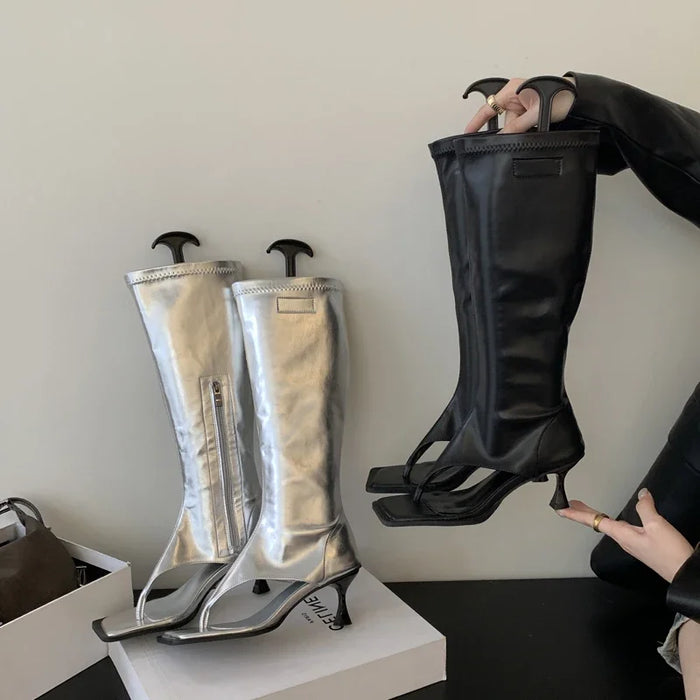 Open-Toe Tall Boot Sandals | Side-Zip Kitten Heels | Braviixx