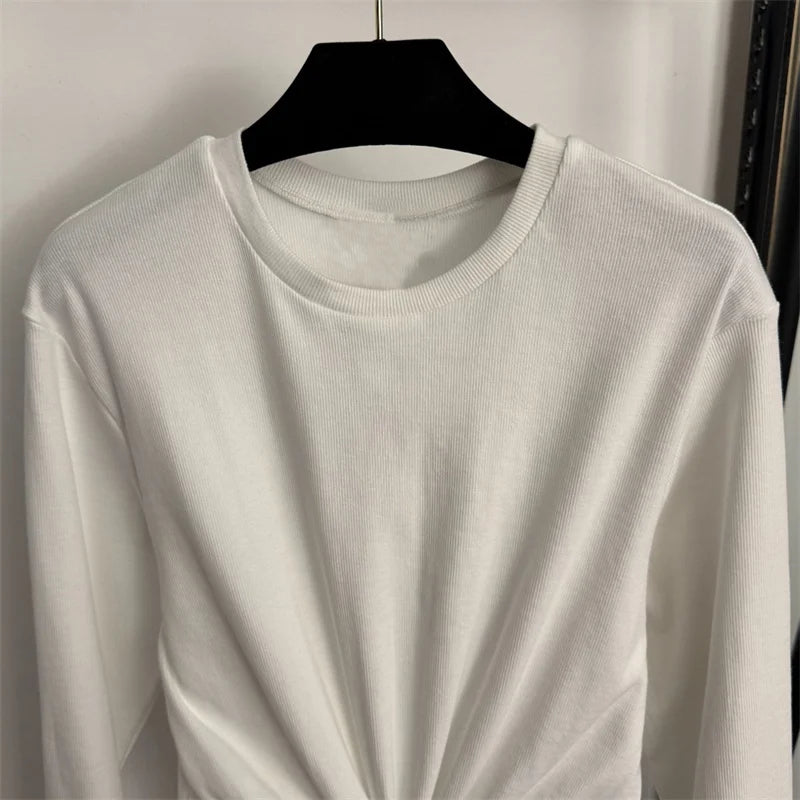 Women's t-shirt 2026 Summer New Stretch Knitted Slimming Women's Long Sleeve Top pure cotton round neck pullover y2k Top women