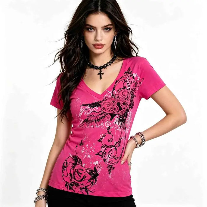 Women Y2K Hot Pink Graphic Tee with Heart Wings & Rose Print, V-Neck Fitted Short Sleeve T-Shirt 2026