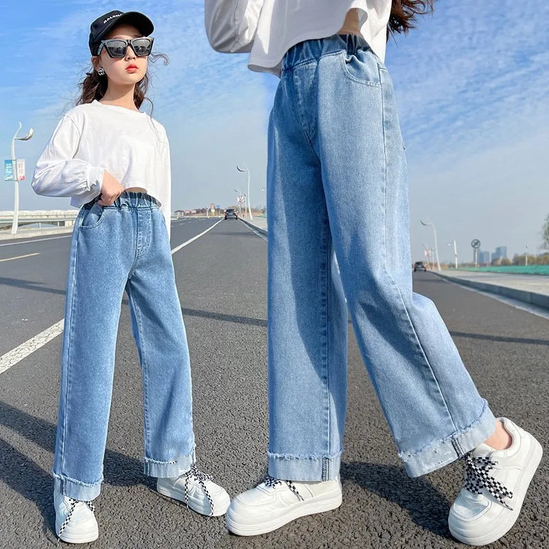 2026 Newest Children's High Waisted Straight Fit Ripped Jeans With Holes For Girls Casual Denim Pants For 5 7 9 11 13 14 Years