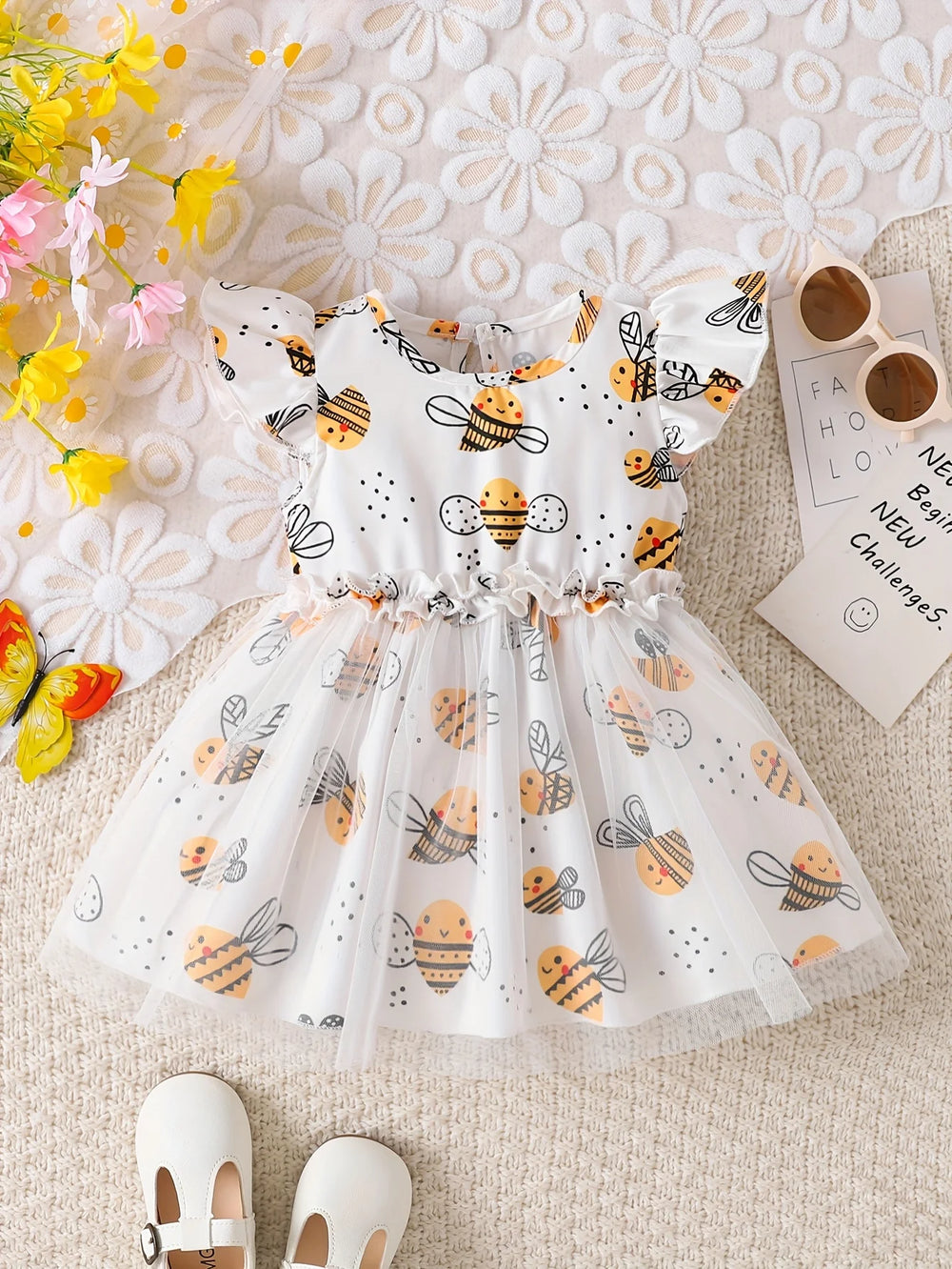 Baby Girls' Bee Print Tulle Dress | Puff-Sleeve Cartoon Dress | 1–18M | Braviixx