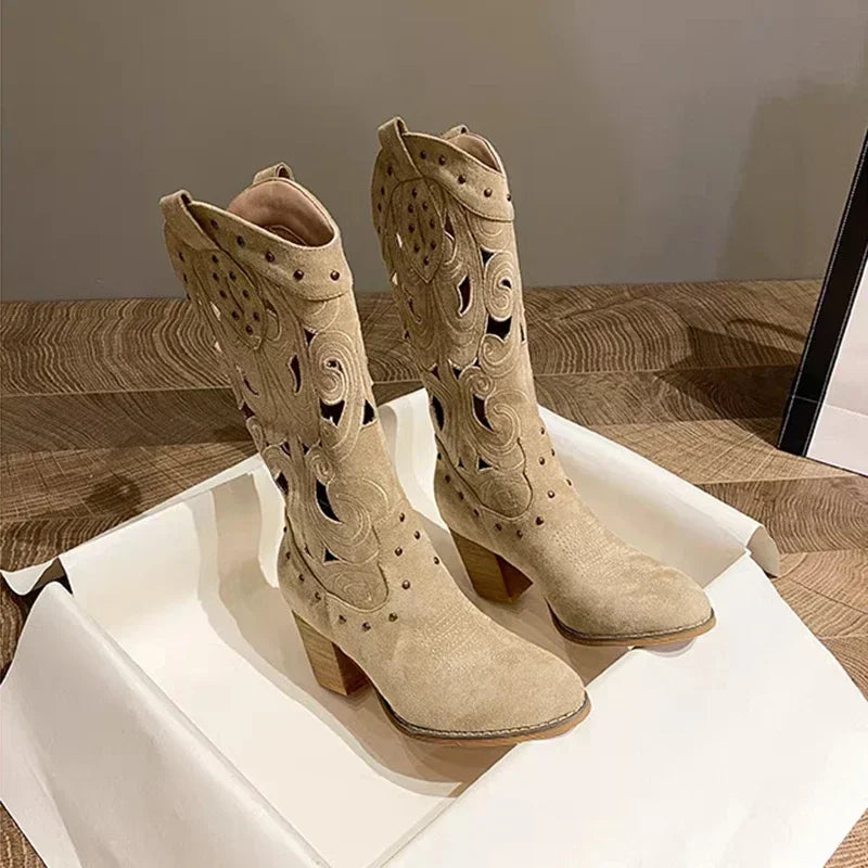 Hollow Embroidered Vintage Western Boots Women 2026 Autumn Chunky Heels Knee High Cowboy Boots Woman Pu Leather Knight Booties