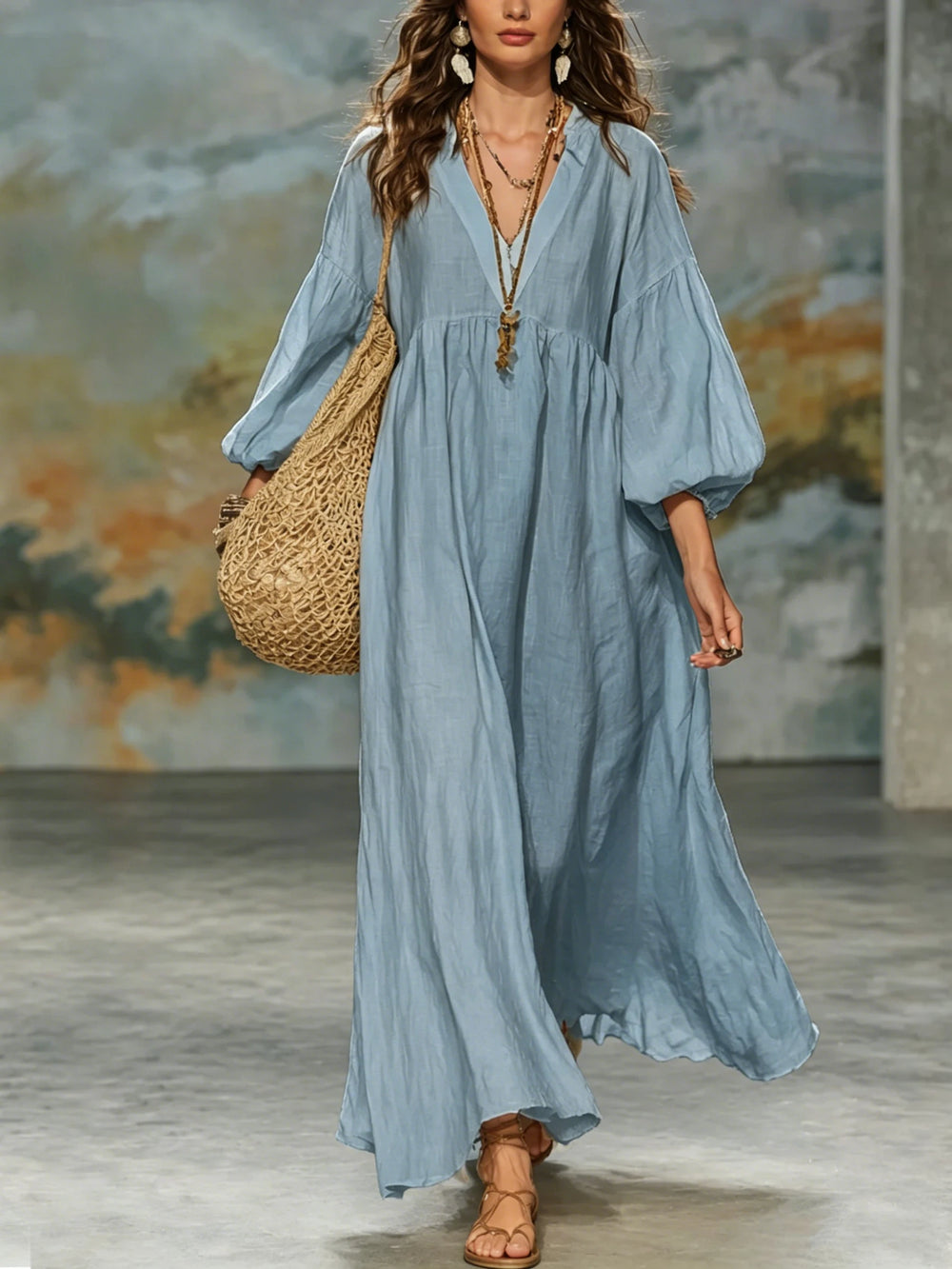 Women Bohemian Linen Maxi Dress V Neck Puff 3/4 Sleeve Loose Flowy Long Dress Casual Beach Vacation Sundress