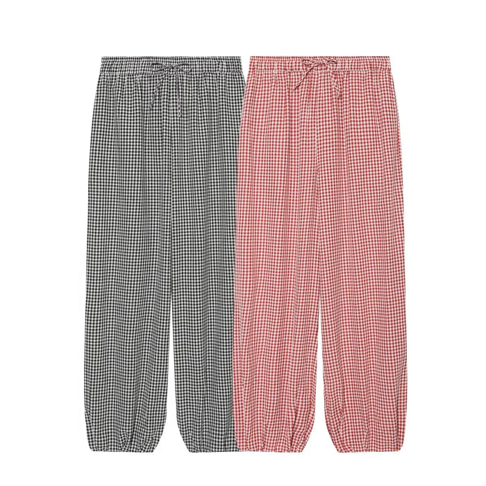 Women's Long Pants 2026 Summer New Style Red Plaid Drawstring Lantern Pants Long Pants Beach Vacation Casual Fashion