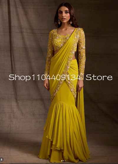 Embroidered Mermaid Saree Set | Long Sleeves | Braviixx