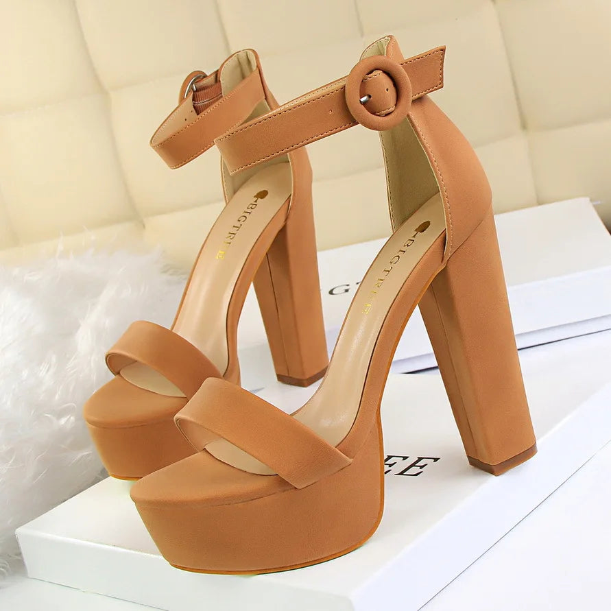 Platform Block Heel Sandals | Round-Buckle Ankle Strap | Braviixx