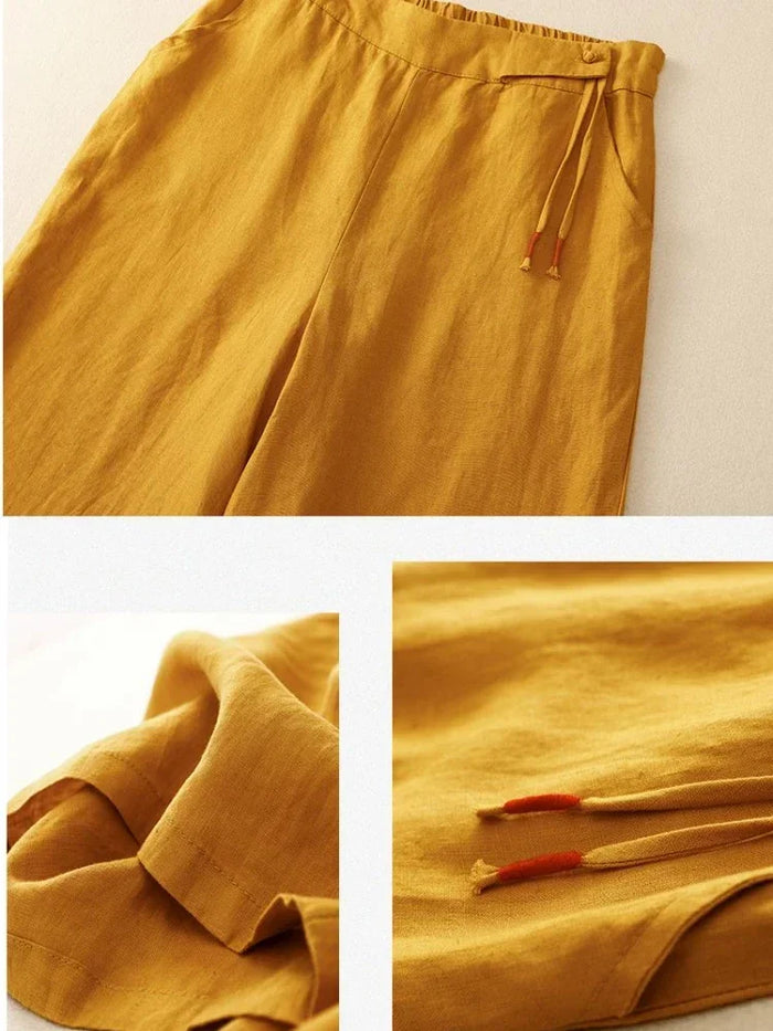 Women's High Waist Wide Leg Pants Summer 2026 Yellow Retro Cotton Linen Casual Pants Women Loose Straight Elastic Trousers