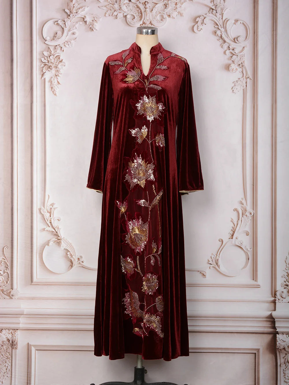Floral Beaded Velvet Kaftan Dress | Long Sleeves | Braviixx