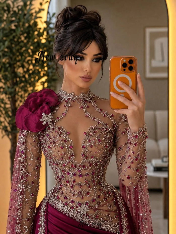 Embellished Illusion Evening Gown | Cape Sleeves | Braviixx