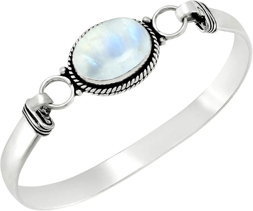 Vintage 925 Silver Natural Oval Moonstone Bangle 7.5 inches Handmade Bangle Fine Jewelry Valentines Gift for Girlfriend Women