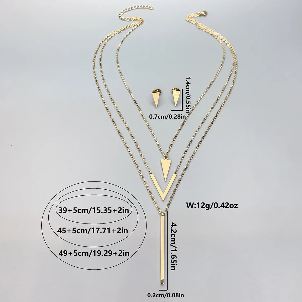 V-Shaped Layered Necklace & Earrings Set | Braviixx