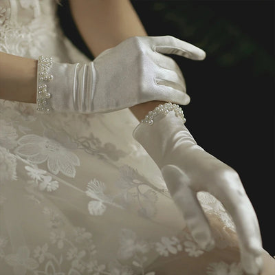 Women's Satin Short Bridal Gloves | Pearl Beaded Wrist Gloves for Wedding & Prom