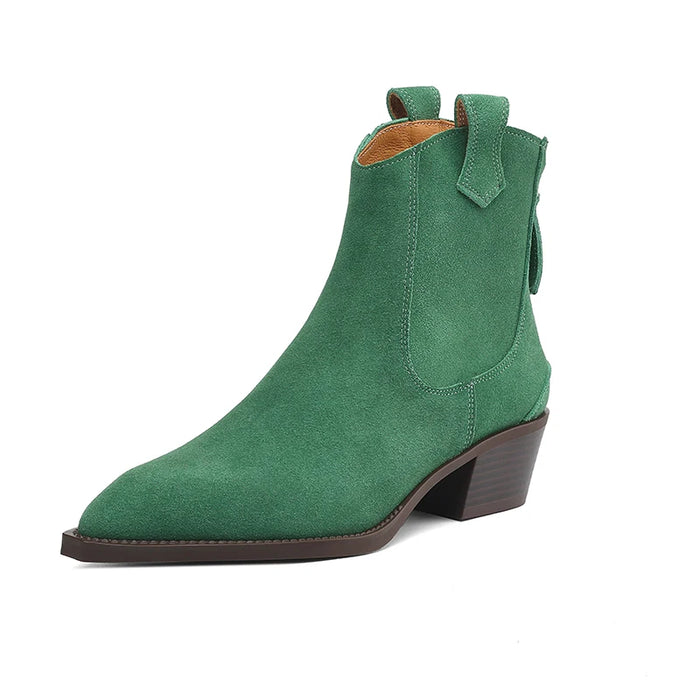 New 2025 Trend Autumn Winter Cow Suede Women Western Boots Black Brown Khaki Purple Green Burgundy Pointed Toe Lady Ankle Boots