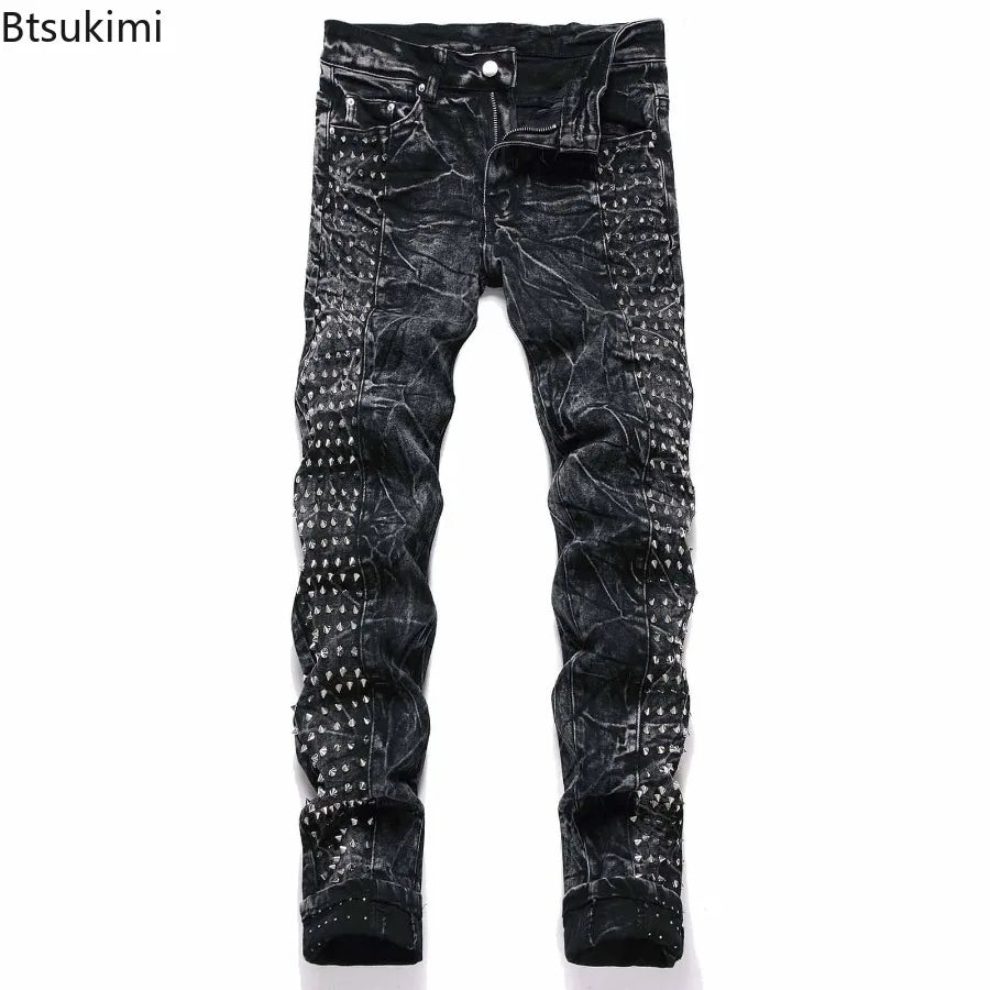 2026 Retro Punk High Street Trend Black Jeans Rivet Design Men Slim Casual Pants Fashion Classic Men Denim Pants Four Season New