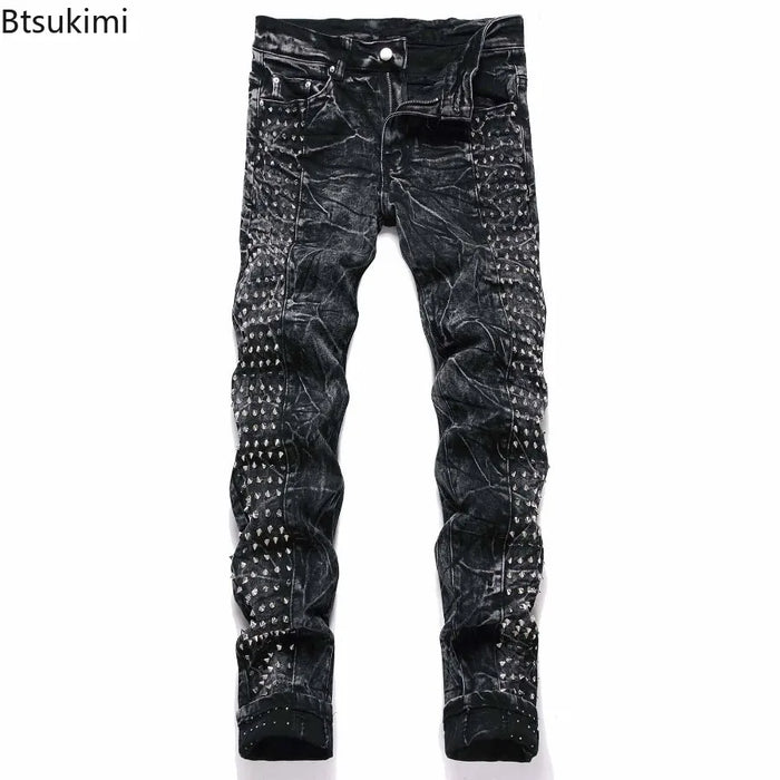 2026 Retro Punk High Street Trend Black Jeans Rivet Design Men Slim Casual Pants Fashion Classic Men Denim Pants Four Season New