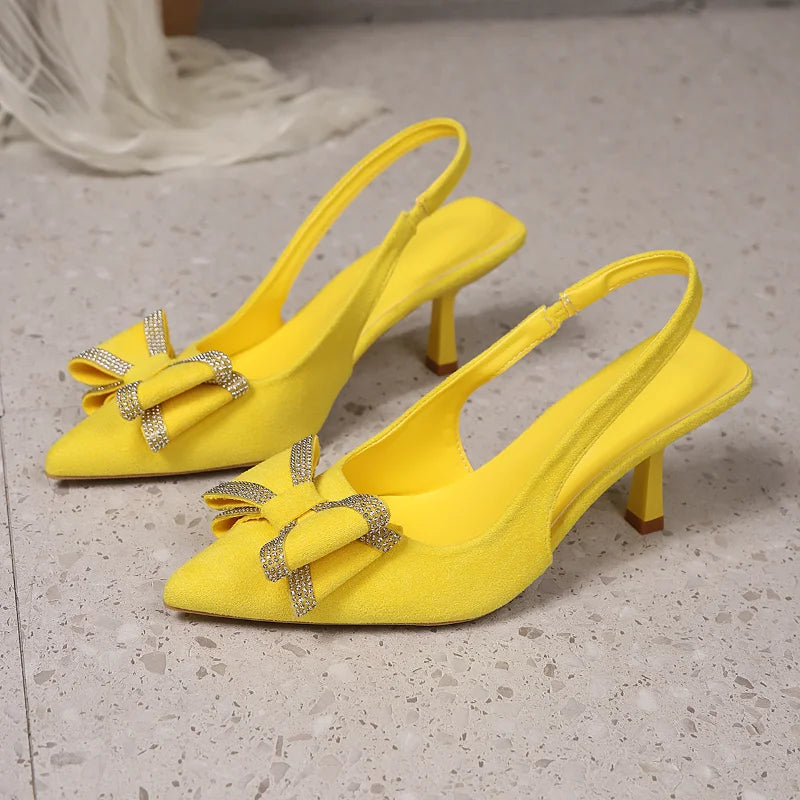 Women's Yellow Bow Slingback Heels | Pointed Toe | Braviixx