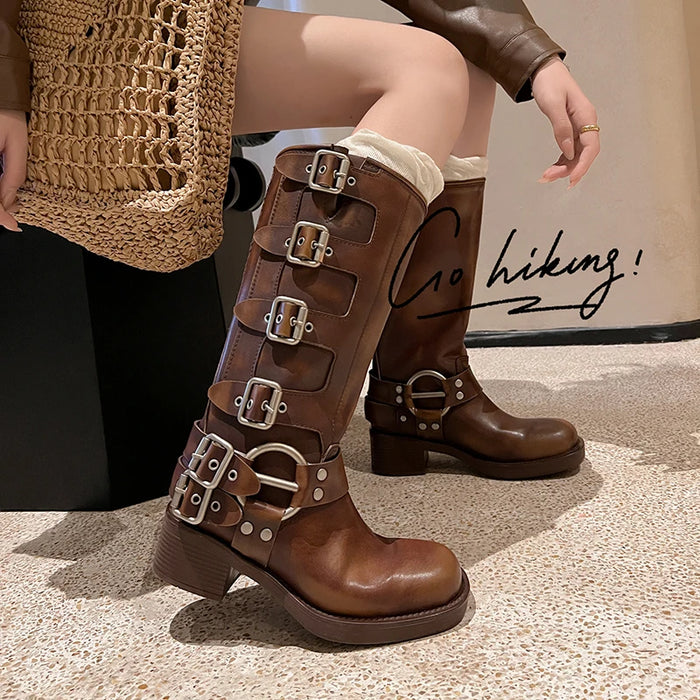 Multi-Buckle Tall Boots | Harness Detail & Block Heel | Braviixx