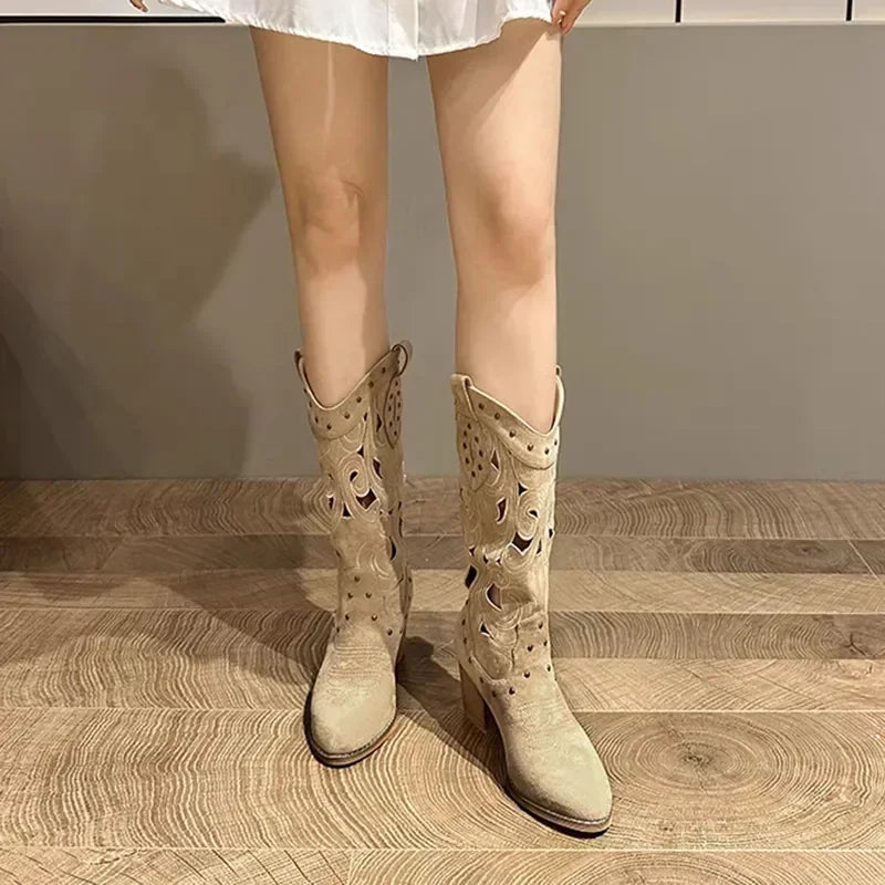 Hollow Embroidered Vintage Western Boots Women 2026 Autumn Chunky Heels Knee High Cowboy Boots Woman Pu Leather Knight Booties