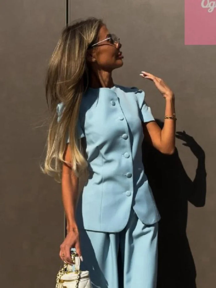 Elegant Solid Satin Coat Women Chic Round Neck Puff Short Sleeve Single Breasted Waist Cinching Jacket 2026 Lady Street Top