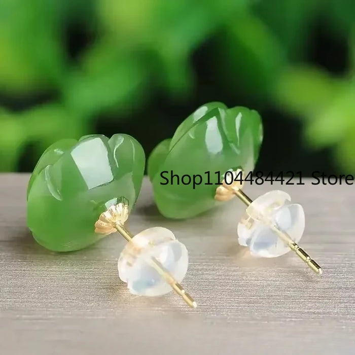 Natural Real Green Jade Rose Earrings 925 Sterling Silver Ear Studs Vintage Gemstone Jewelry TalismansEnergy Amulet Luxury Gift